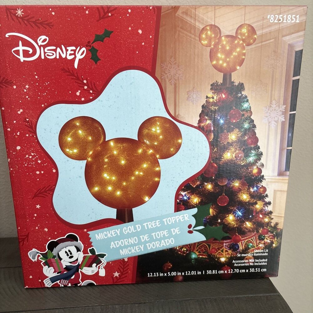 Disney Mickey Mouse Gold Light Up Christmas Tree Topper Holiday 12”